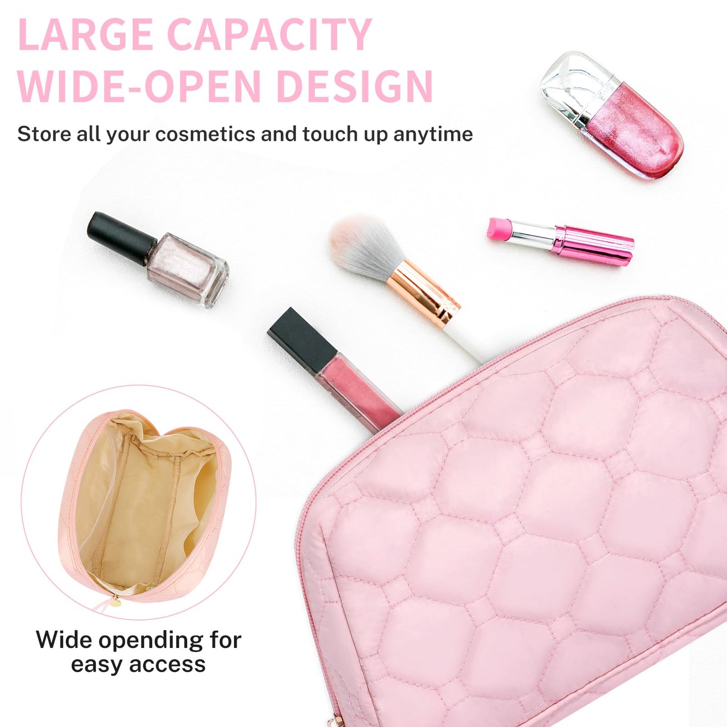 senbowe Small Makeup Bag,Travel Cosmetic Bag, Pink Puffy Padded Make Up Bag for Women, Wide-open Cute Makeup Bag Pouch Purse, Quilted Toiletry Makeup Organizer Bag with PVC Pockets,Travel Essentials