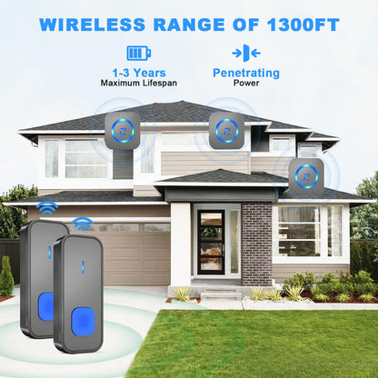 SURFOU Wireless Loud Waterproof Doorbell, Easy installation, 1300ft Range, 55 Chimes 5 Adjustable Volume Levels, LED Flash (1 Button +2 Receivers)