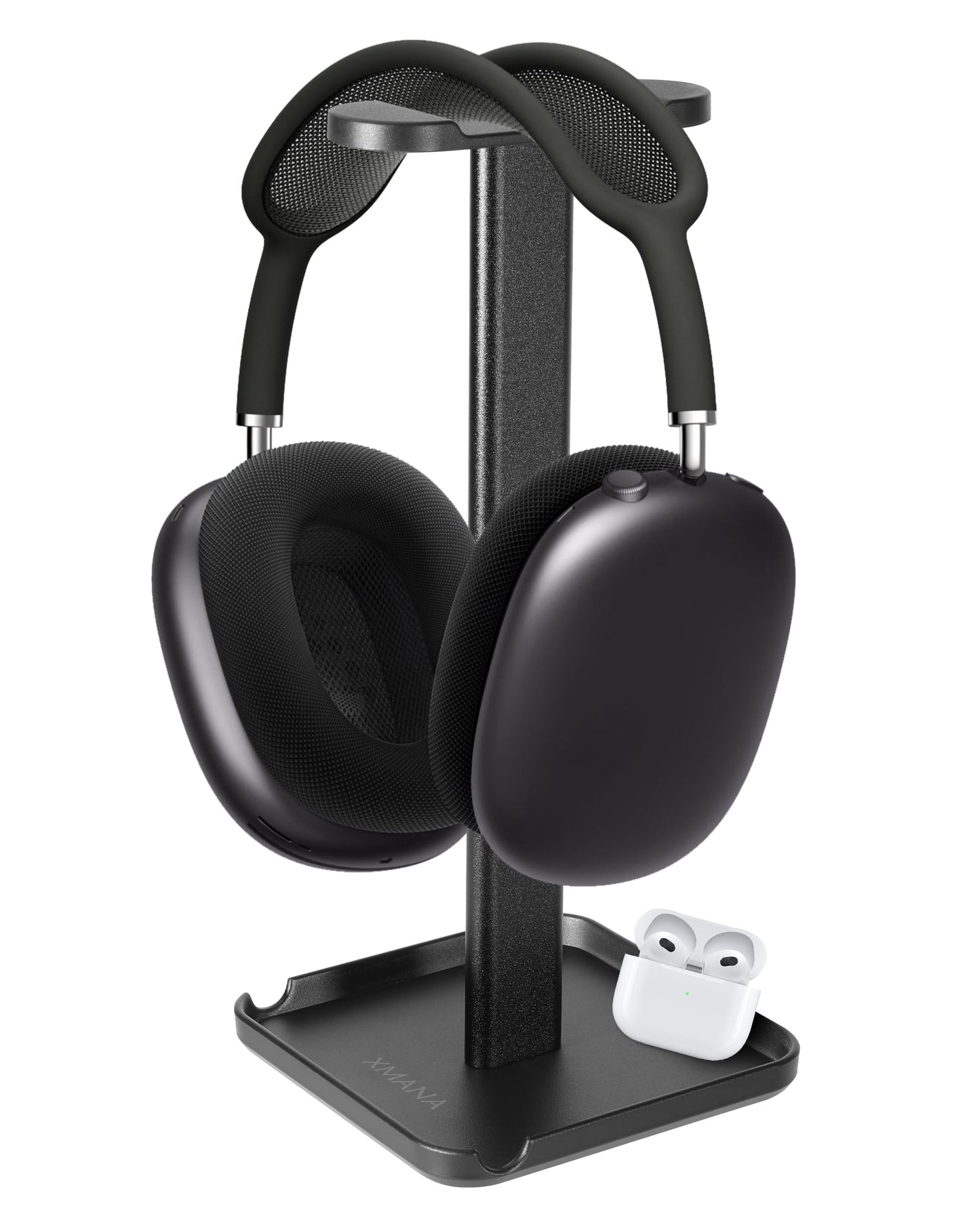 XMANA 2-in-1 Aluminum Headphone Stand & Phone Holder Rack - Sleek, Sturdy & Ergonomic Design Gaming Headset Stand for Desk Organization - Gamer Gifts (Black)