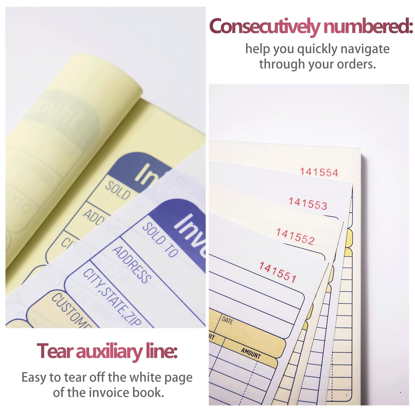 XKDOUS 10 Pack Invoice Book, 2-Part Carbonless, 5-9/16" x 8-7/16" Invoice Receipt Book for Small Business, 50 Sets per Book