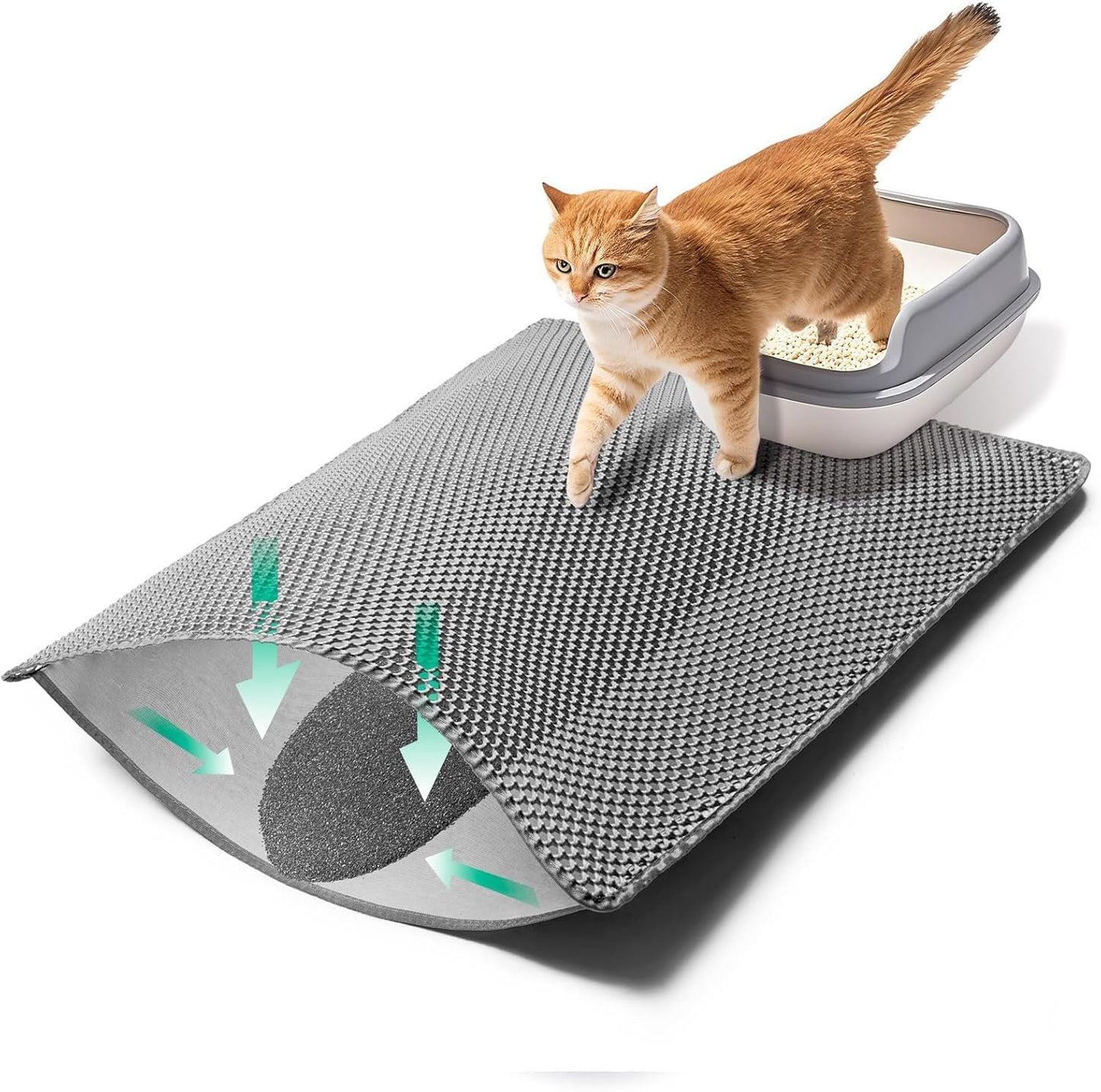 GRELY Cat Litter Mat, 25x16 Inches Litter Box Mat, 2 Layer Litter Trapping Mat for Indoor Cats, Litter Catcher Mats Non-Slip Waterproof Urine Proof Collapsible