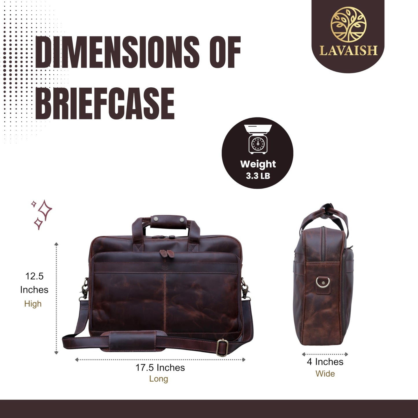 LAVAISH Full-Grain Leather Briefcase for Men & Women – 17 Inch Laptop Bag with Computer Compartment – Premium Leather Office Satchel, Business Messenger Bag, Work Bag for Professionals (Dark Brown)