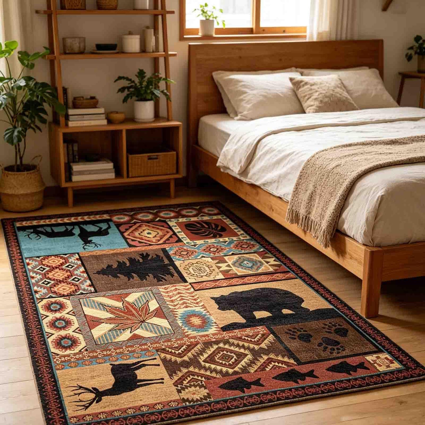 Washable Area Rug 3x5, Rustic Lodge Bear Rugs for Entryway Non Slip Low Pile Southwestern Area Rugs Vintage Large Soft Carpet for Bedroom Office Kitchen Dining Room