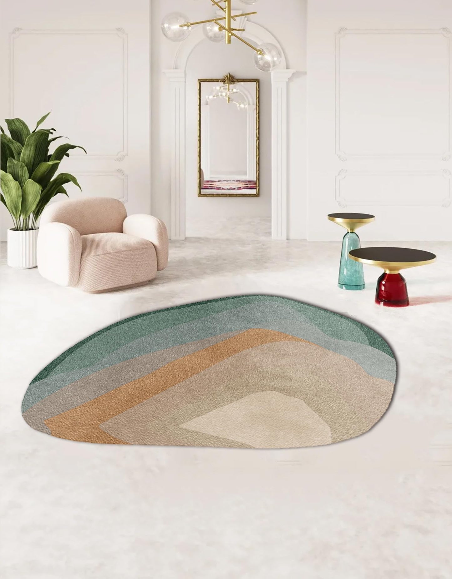 Boho Irregular Area Rug Green Grey Brown Modern Abstract Organic Shaped Unique Designer Rug for Bedroom Nursery Living Room Washable Large Rugs Funky Playroom Classroom Non Shedding Thick Carpet 4x6