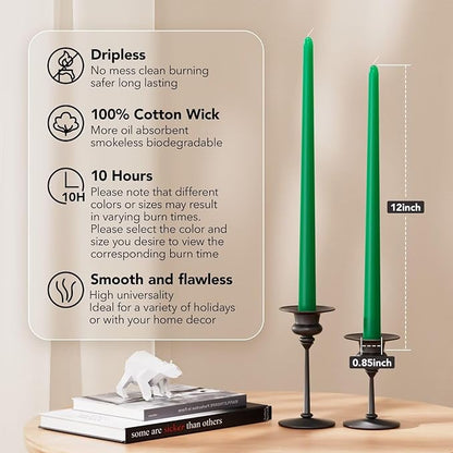 12-Inch Tall Dripless Taper Candles Set of 4 - Emerald Tapered Candles, Perfect for Spring - Smokeless, Unscented, Long Burning - Hand Poured, Colored Tall Candlesticks - Jade