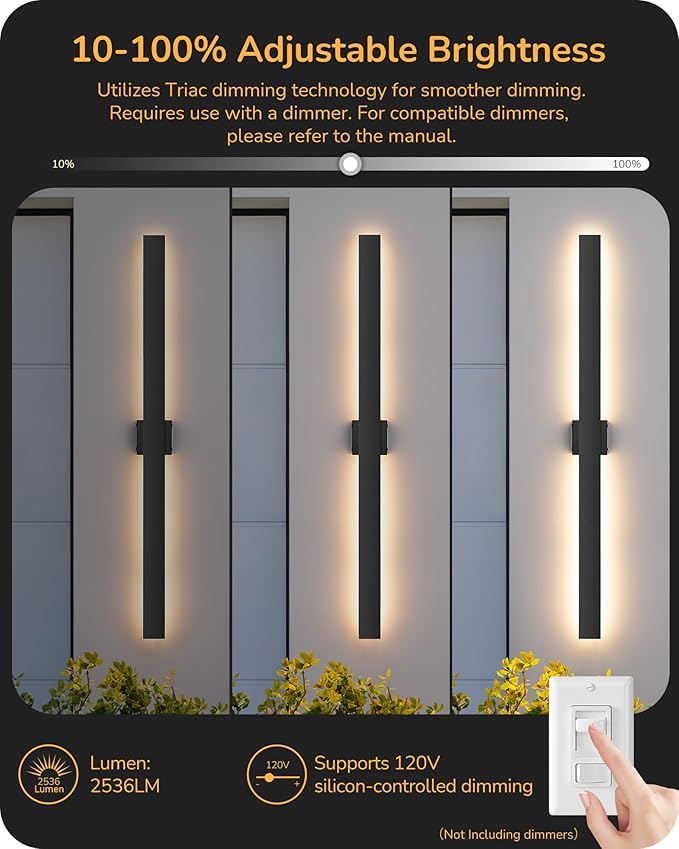 EDISHINE 47" LED Outdoor Wall Lights, 3CCT & 10%-100% Dimmable, IP65 Waterproof, Modern Exterior Lighting Fixtures, Linear Long Exterior Wall Light for House, Yard, 2 Pack, Black