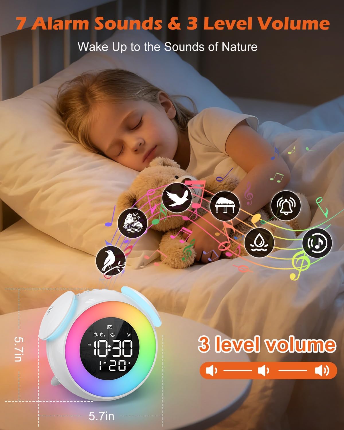 PENTASPI Alarm Clock for Kids, Ok to Wake Alarm Clock, Toddler Sleep Training Clock with Multi-Colors Night Light, 7 Ringtones, 3 Level Volumes, Dual Alarms, Snooze for Kids Girls Boys Adult