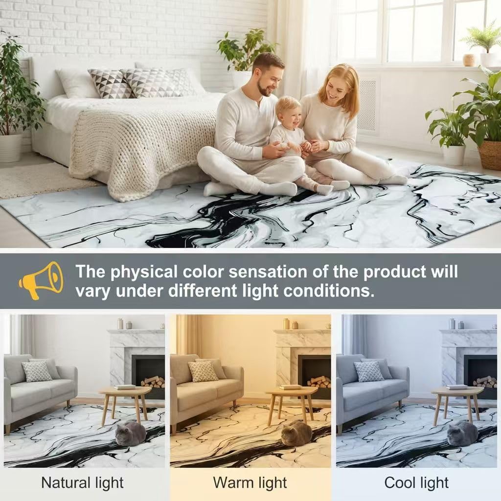 5x7 Modern Abstract Marble Pattern Liquid Style Rugs for Bedroom Living Dining Room Hallway Nursery Home Office Dorm Black White Light Teal Area Rug Machine Washable Durable Pet Friendly Carpet