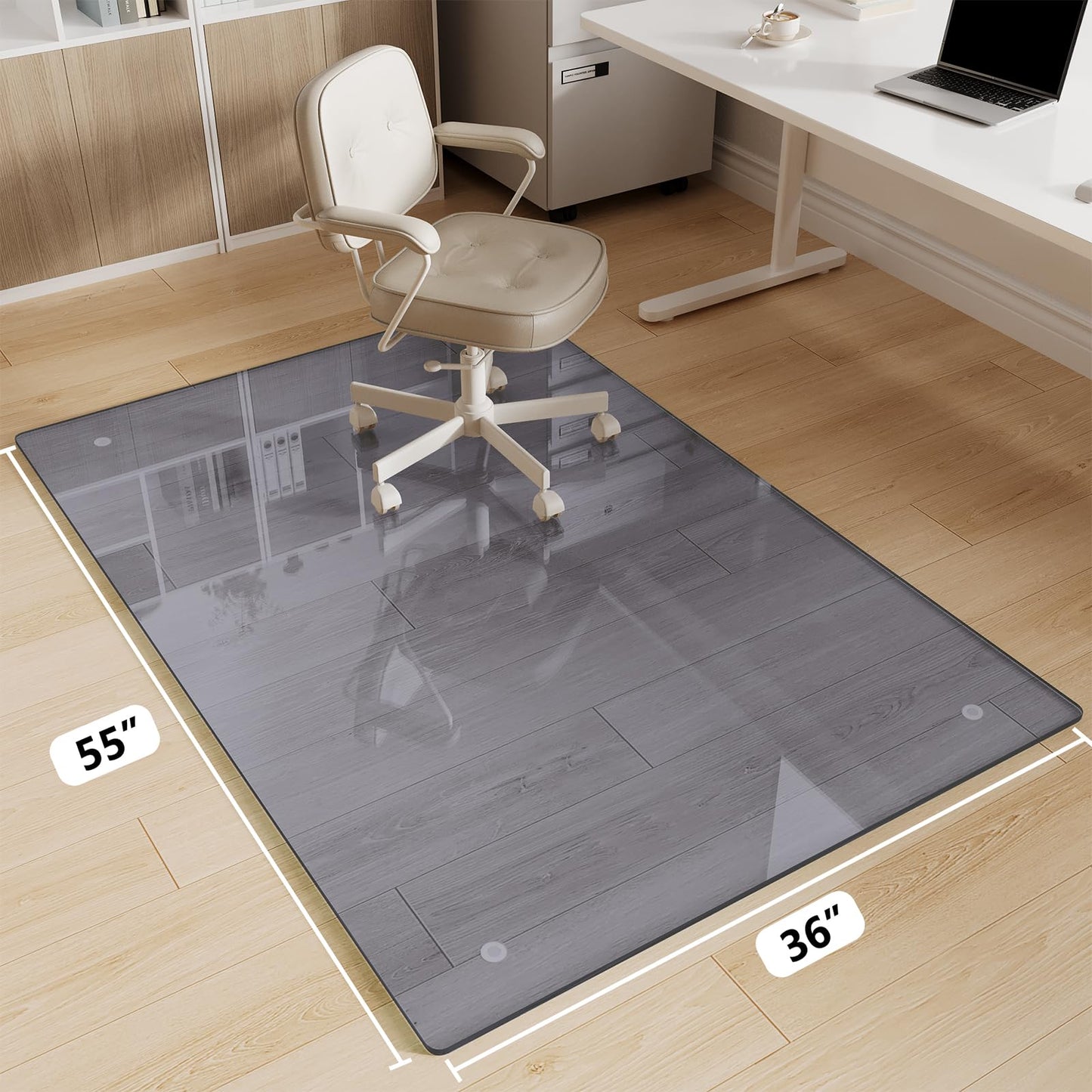 FlyEcho Glass Chair Mat 36" x 55" Heavy Duty Tempered Glass Office Chair Mat, Glass Floor Mat with Round Corner and Polished Edge for Smooth Glide, Office Chair Mat for Carpet, Hardwood Floor, Grey