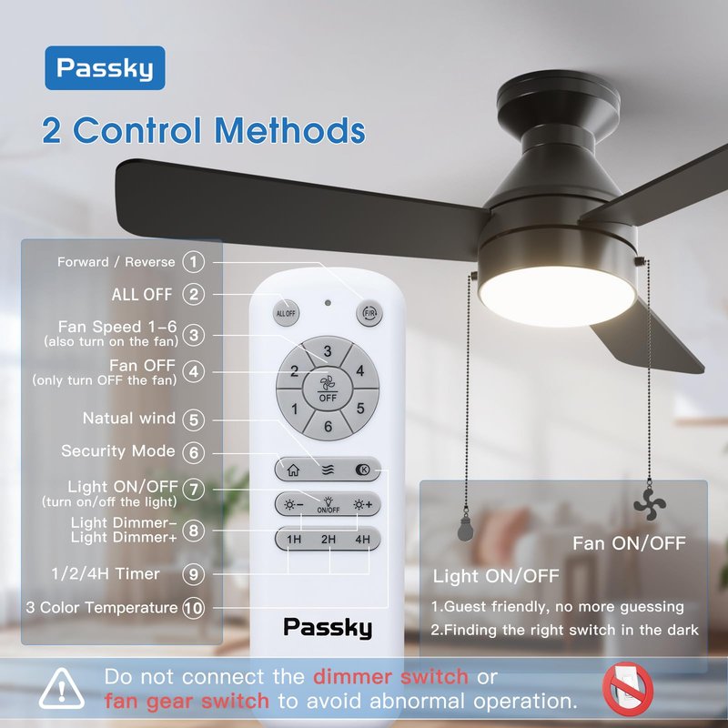 Passky Ceiling Fans with Lights, 42 inch Low Profile Ceiling Fan with Pull Chain and Remote Control, Flush Mount, Reversible, 5CCT, Dimmable, Noiseless, Black Pull Cord Ceiling Fan for Bedroom