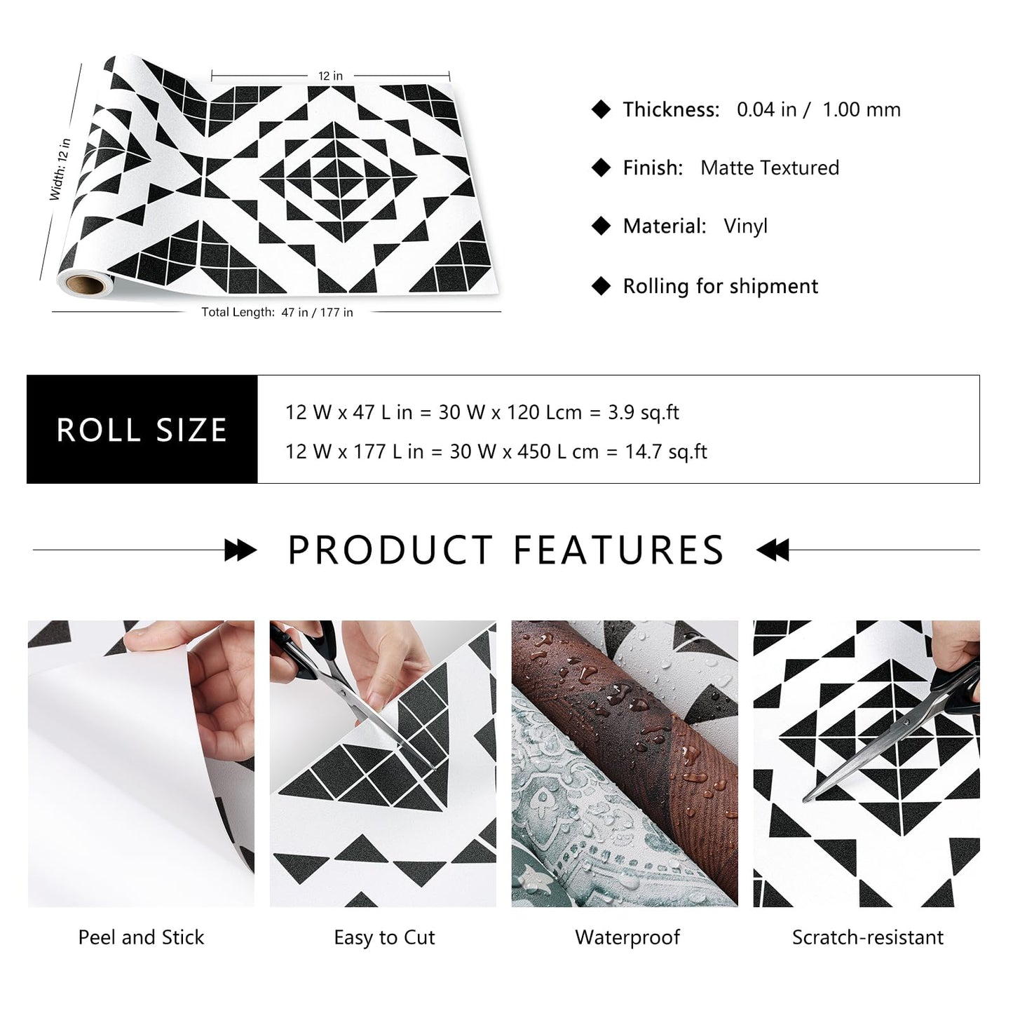 LaCheery 12x177 Vinyl Flooring Roll Waterproof Black and White Floor Tiles Peel and Stick Waterproof Bathroom Floor Tile Peel and Stick Flooring Tiles Renter Friendly Tile Stickers for Kitchen Garage