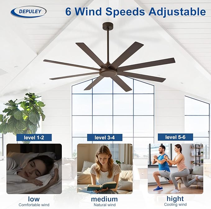 Depuley Large Ceiling Fan without Light: 66 Inch Indoor/Outdoor Fan Reversible DC Motor 6 Speed - Dual 8 Blades Big Ceiling Fans with No Light for Living Room Covered Patio, Brown