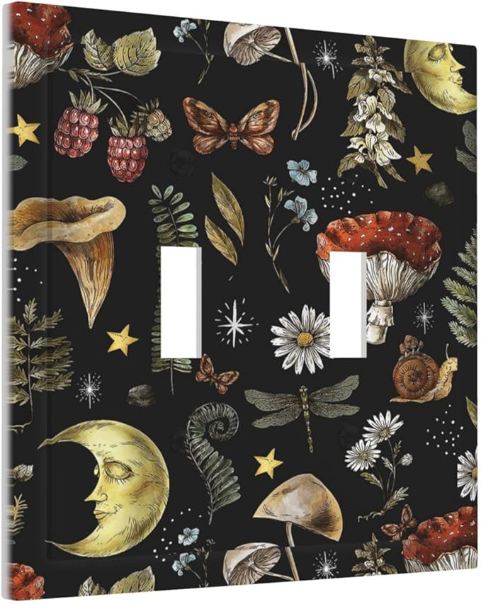 Nature Plant Botanical Daisy Mushroom Snails And Moon Double Toggle Light Switch Cover Decorative 2 Gang Wall Plate Electrical Switchplate Faceplate for Bathroom Decorate Accessories