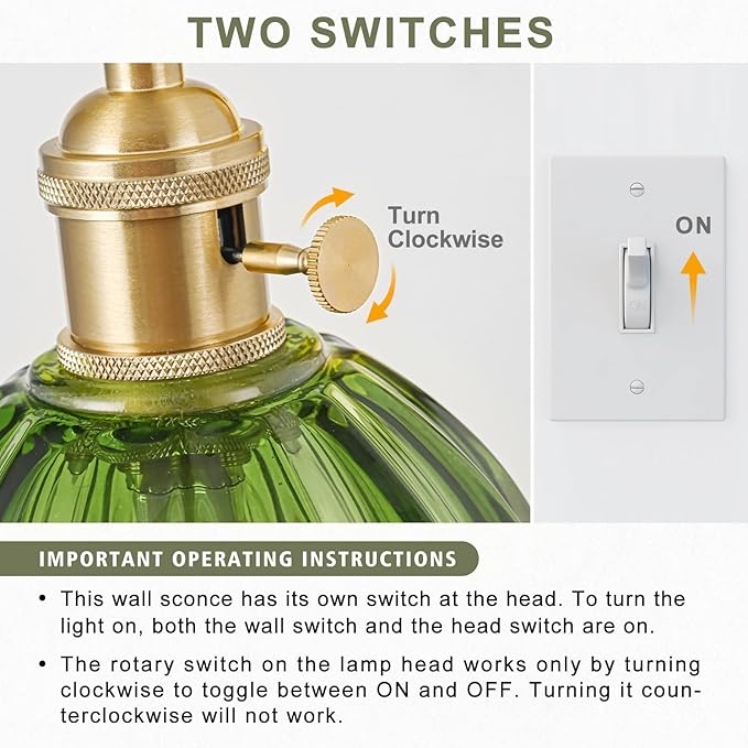 Hardwired Wall Sconce Light, Vintage Wall Sconce with Switch, Gold Wall Light Fixture with Tulip Green Glass Lampshade, Indoor Wall Light for Bedroom Bathroom, Bedside Wall Lamp