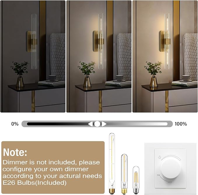 Wall Sconces Set of Two, 22.8" Gold Bathroom Sconces Wall Lighting with Clear Glass, Modern Sconces Wall Decor Brass Light Fixtures for Bathroom Mirror Living Room Hallway Bedroom