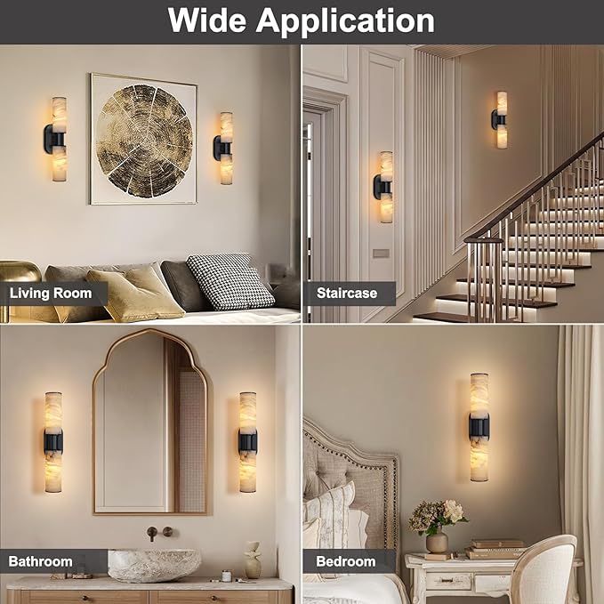 22.2" Alabaster Wall Sconce Set of 2, Black Bathroom Wall Sconce, Spanish Natural Marble Sconces Modern Wall Lights Lamps for Bedroom Living Room Stairs Indoor Hallway Vanity, Black