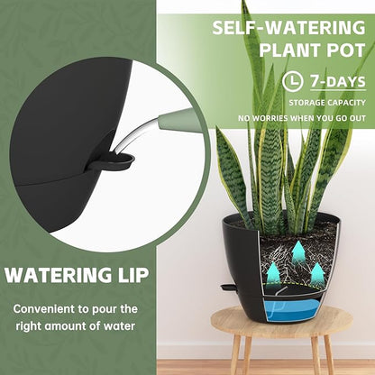 ZMTECH 9/10/12 Inch Self Watering Plant Pots with Watering Lip, Planters with Drainage Holes and Removable Saucer, Plastic Flower Pots for Indoor Outdoor Plants (3 Pack, Pure Black)