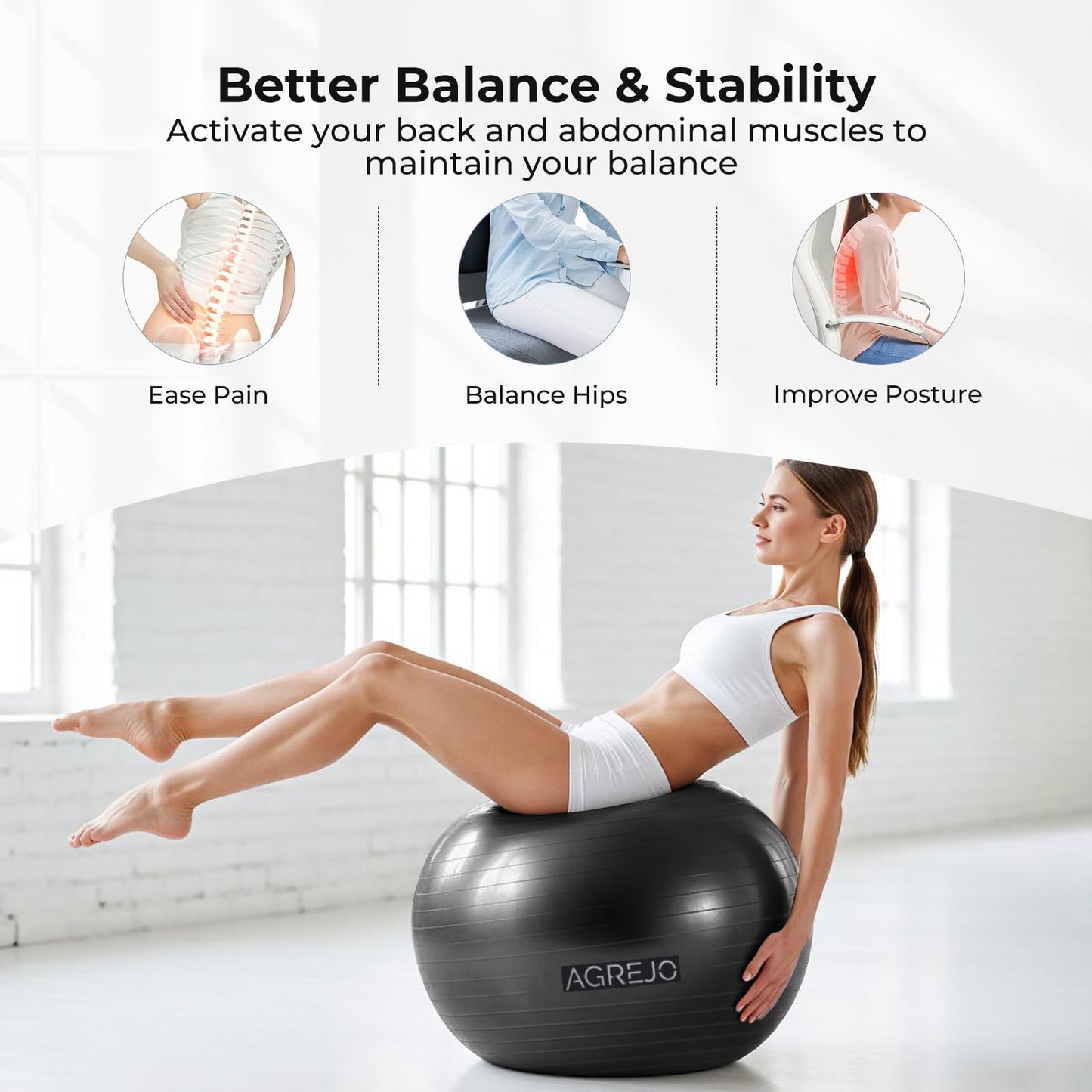 AGREJO Yoga Ball, Exercise Ball for Working Out, Anti-Burst and Slip Resistant for Physical Therapy, Birthing, Stretching, Flexible Seating, Home Gym, with Pump (L: 23-26ines/58-65cm)