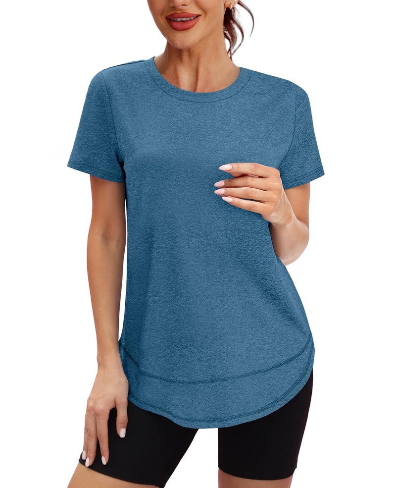 Spring Summer Tops for Women Short Sleeve Hiking Shirts Athleisure Golf Shirt Beach Fashion Curved Hem Loose Fit Blue Green XXL