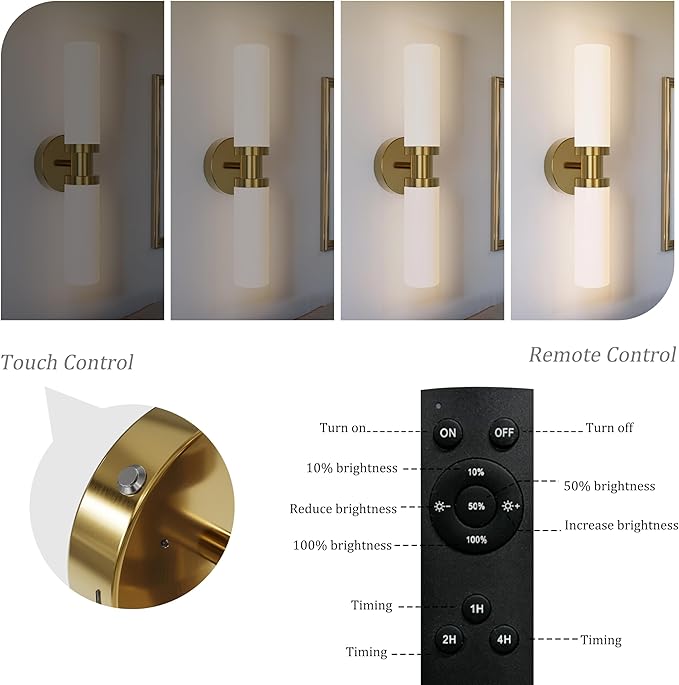 Rechargeable Battery Wall Sconce Set of Two, 8000mAh Cordless, Dimmable, Timer, Remote, Touch Control, 3000K, USB-C Charging for Living Room Gold with White Lampshade (Include 4 Special Bulbs)