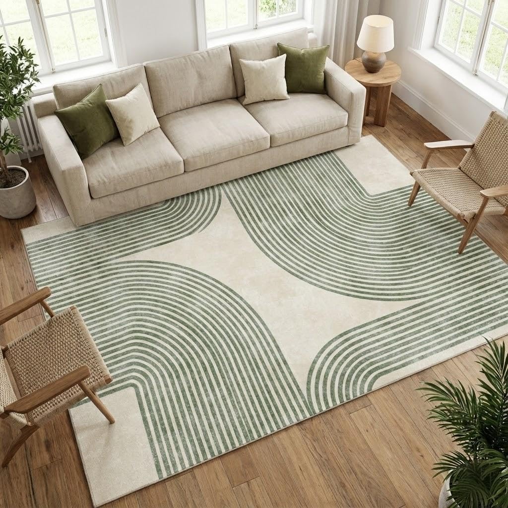 ERYATOU 5x7 Area Rug for Living Room, Green and Beige Modern Geometric Arch Stripe Rug, Machine Washable Non-Slip Low Pile Faux Cashmere Carpet for Bedroom, Dining Room, Home Office