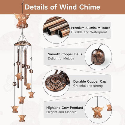 Highland Cow Wind Chimes for Outside,41" Metal Windchimes, Housewarming/Halloween/Festival/Birthday/Anniversary Highland Cow Gifts for Women/Men, Cow Decorations for Outside, Patio or Yard, Garden