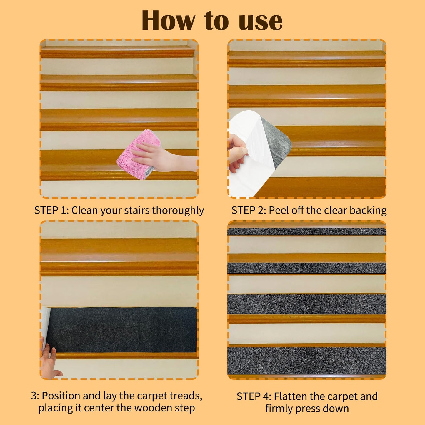LYMOI 10 Pack Non-Slip Stair Treads for Wooden Steps, 6''x30'' Stair Carpet Treads Outdoor, Peel and Stick Stair Treads, Indoor Stair Runner Mats for Kids Elders & Pets with Reusable Adhesive