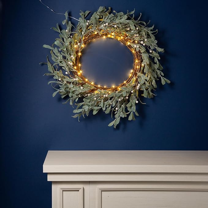 LampLust Winter Wreaths for Front Door Outside, 20 Inch Flocked Wreath with Mistletoe & Pearly White Berries, 75 LED Lights, Battery Powered, Timer, Farmhouse Wreath, Winter Wreaths for Indoors