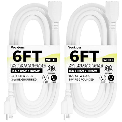 16/3 White Indoor Outdoor Extension Cord 6 Ft 2 Pack Waterproof, Extension Cord with 3 Prong Grounded Plug,13A 1625W 16AWG SJTW, Flexible Weatherproof Power Cable