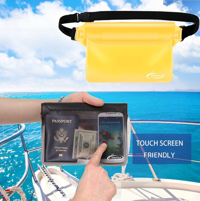 AiRunTech Waterproof Pouch with Waist Strap (2 Pack) | Beach Accessories Best Way to Keep Your Phone and Valuables Safe and Dry | Perfect for Boating Swimming Snorkeling Kayaking Beach(Grey+Yellow)