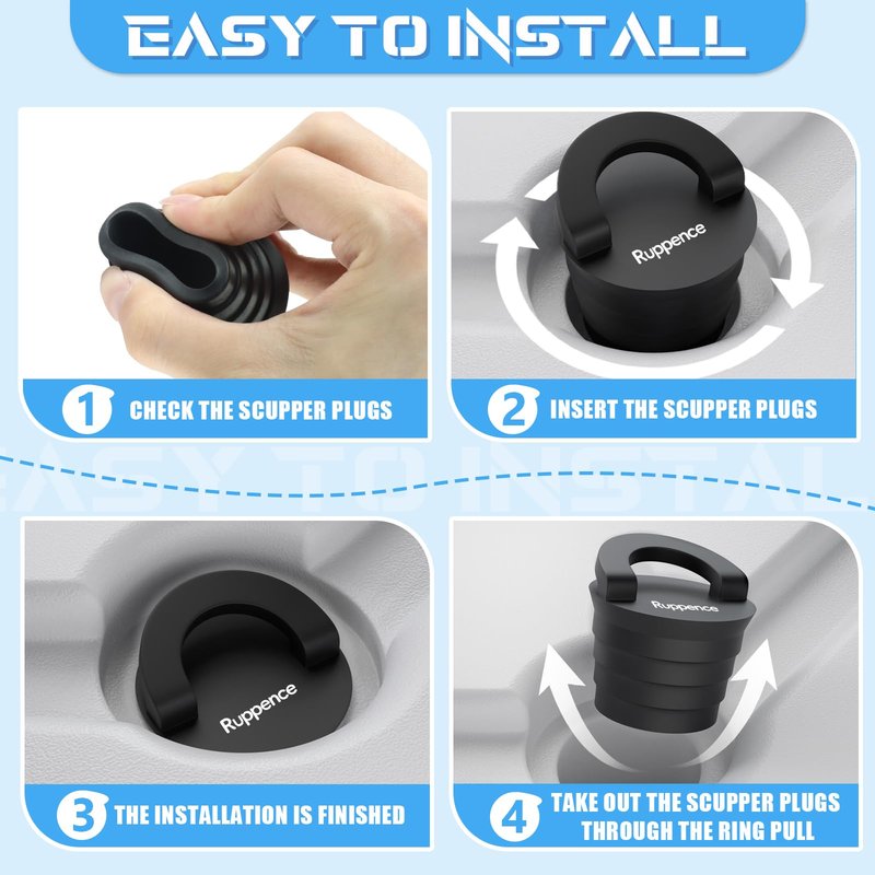 1-1/2" Kayak Scupper Plugs, Push-in Boat Drain Kayak Plugs for Sit on Top with Ring Pull Design, Watertight Livewell & Bilge Stoppers for Marine Drain Holes, Canoes & Small Watercraft (4Pack)
