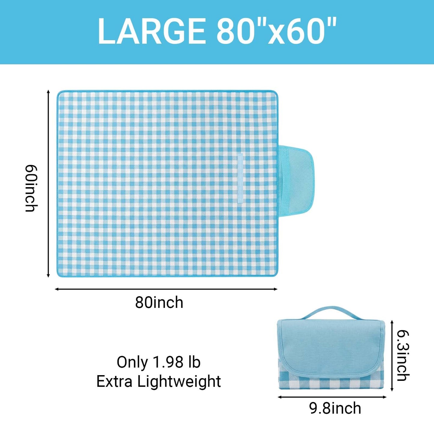 FMLIUY Waterproof Foldable Picnic Blanket Outdoor with Carry Strap,80"X60" Extra Large Beach Blanket Sandproof,Portable Soft Gingham Picnic Mat for Camping Travel Hiking Family Concerts Park(Blue)