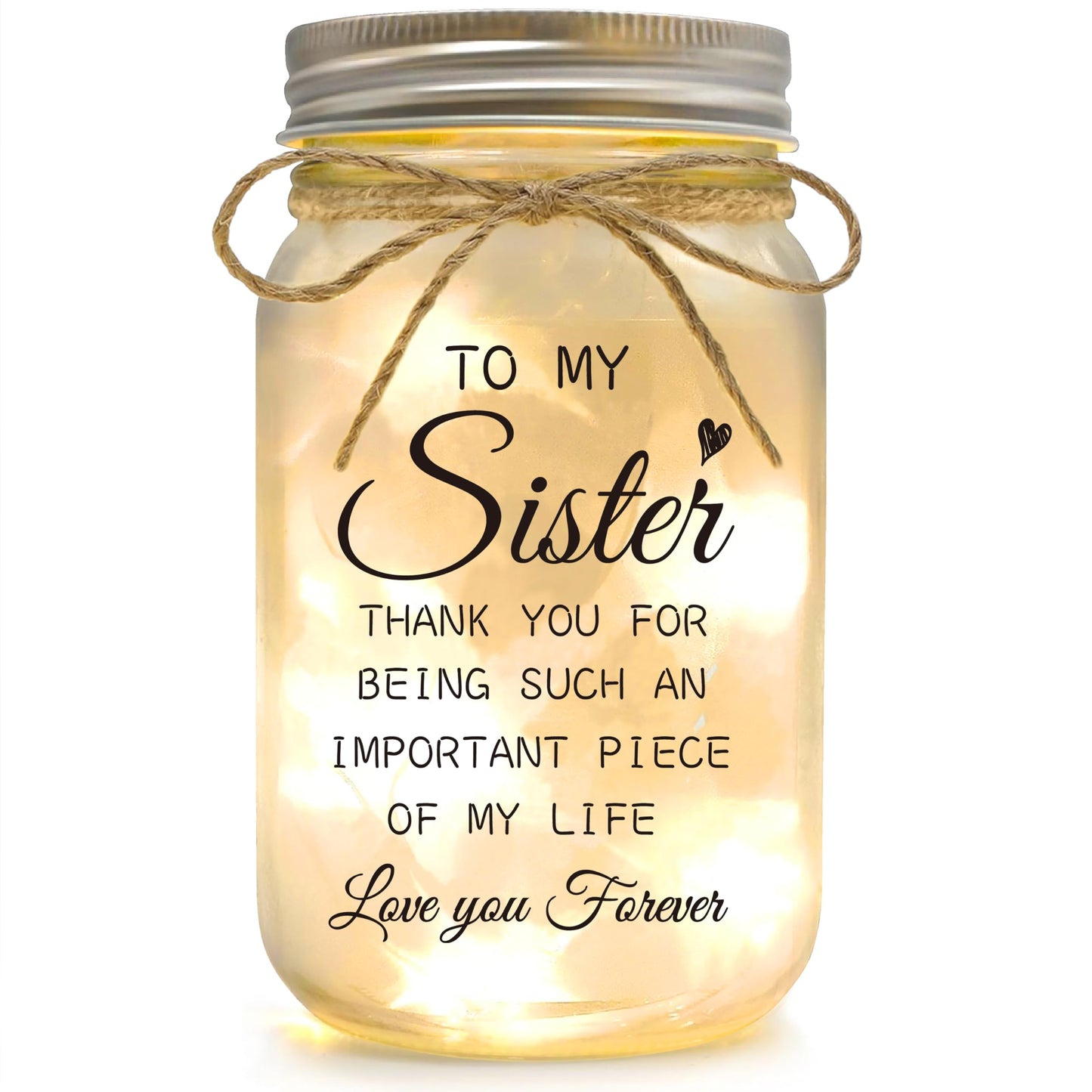 YOISTREVISK Sister Gifts - Mason Jar Night Lights with Warm Lights for Sisters, Unique Sister Birthday Gifts Ideas for Mothers Day Christmas Valentines Day, Heartfelt Home Decor Gift
