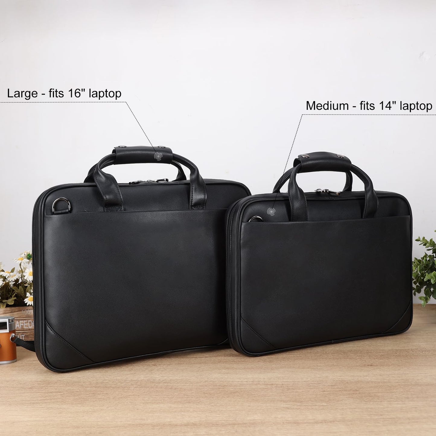 Masa Kawa Black Leather Slim Briefcase 14 Inch Laptop Bag for Men Crossbody Shoulder Messenger Computer Bags Attache Case for Business Work Lawyer