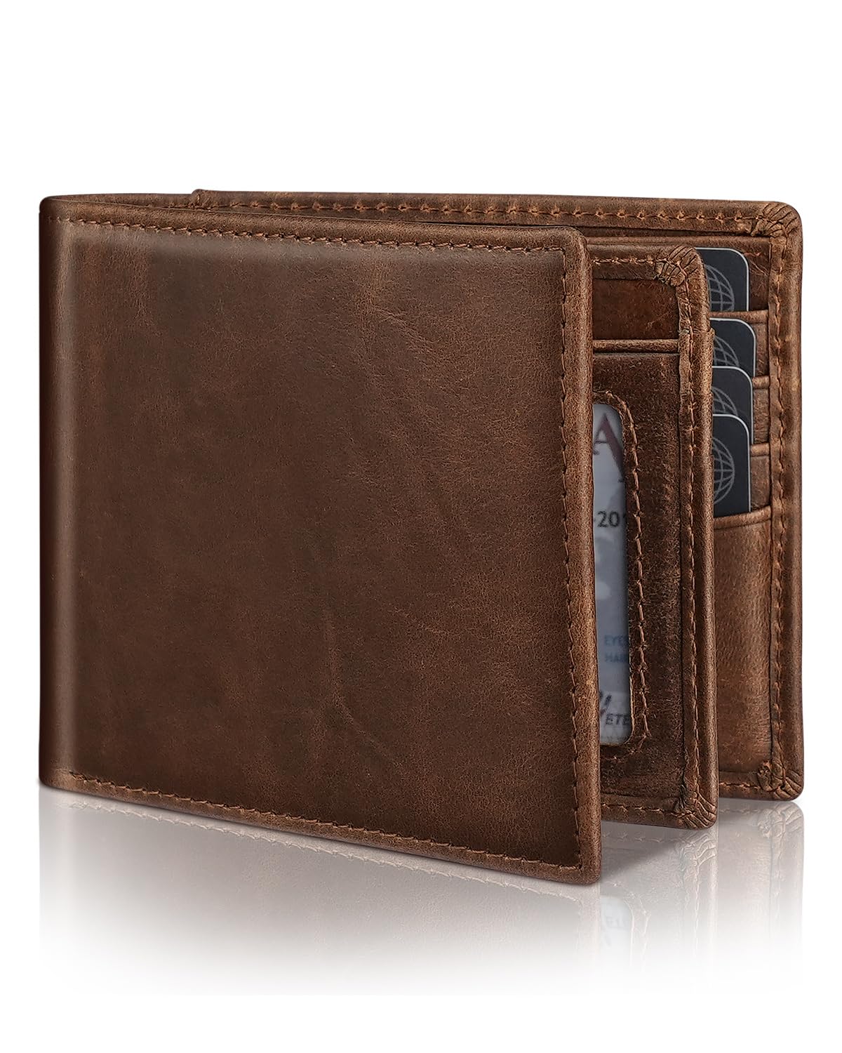 Serovi Mens Genuine Leather Bifold RFID Blocking Wallet with 14 Card Slots, ID Window & 2 Cash Pocket - Includes Gift Box