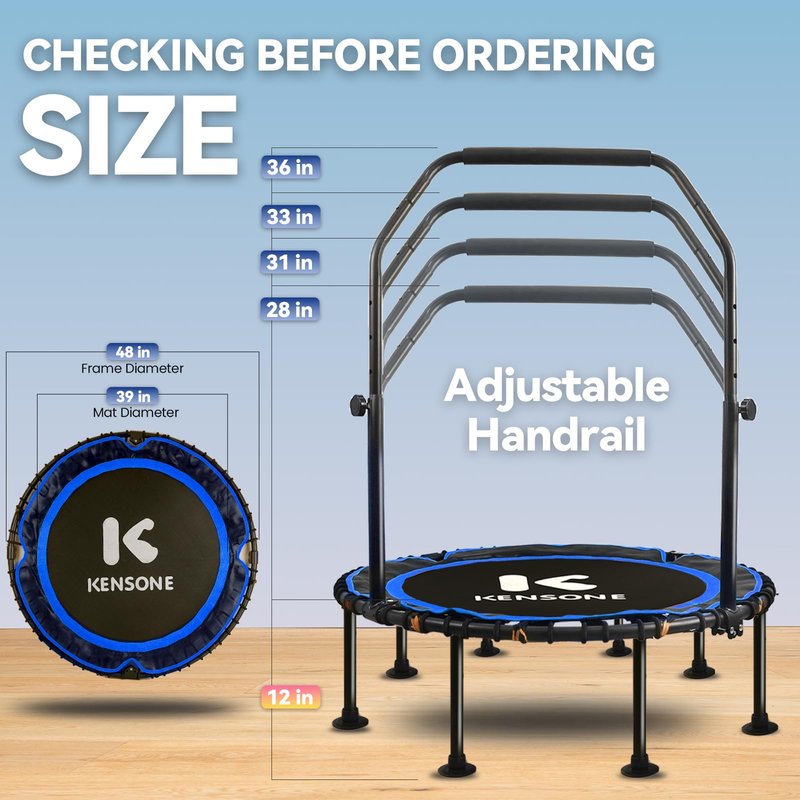 K KENSONE 48" Foldable Rebounder Trampoline for Adults with Bungee, 550 LBS Quiet Indoor Mini Trampoline for Adults Fitness with Adjustable U-Shaped Handle Bar for Gym Workout, Home Exercise, Blue