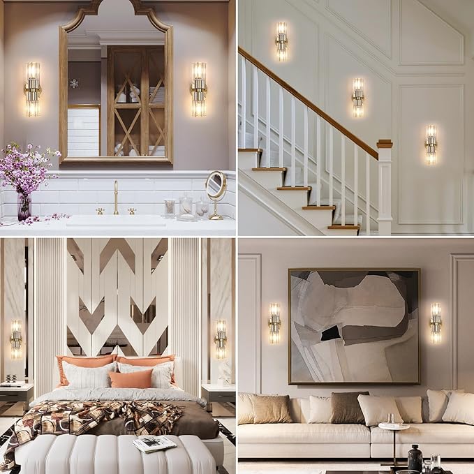 Crystal Wall Sconces Set of Two, 13'' Modern Brass Sconces Lighting with K9 Crystal Lampshade, Indoor Large Brass Wall Light Fixtures for Living Room Bathroom Hallway Stairs Bedroom