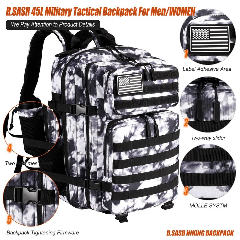 R.SASR 45L Tactical Backpack for Men Women, Military Assault Pack with MOLLE, Large 3 Day Bug Out Bag for Hiking Camping (Black and White)