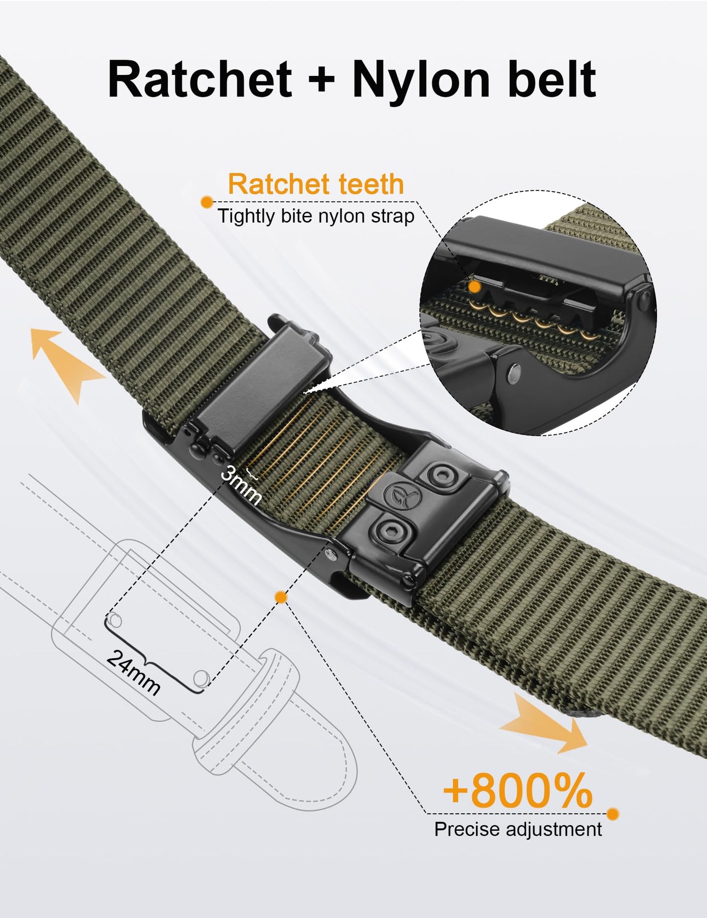 JUKMO Men's 1.5" Nylon Ratchet Belt, Casual Web Click Tactical Belt with Slide Buckle for Jeans, No Holes Adjustable Trim to Fit(Army Green,Small)