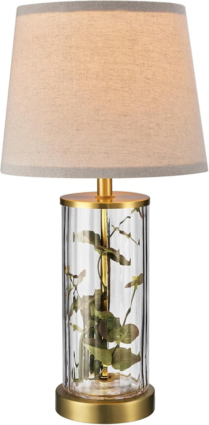 GLOBE Electric 61000063 20" Fillable Ribbed Glass Table Lamp, Matte Brass Accents, Beige Linen Shade, On/Off Rotary Switch on Socket, for Living Room, Bedroom, Office, Home Décor