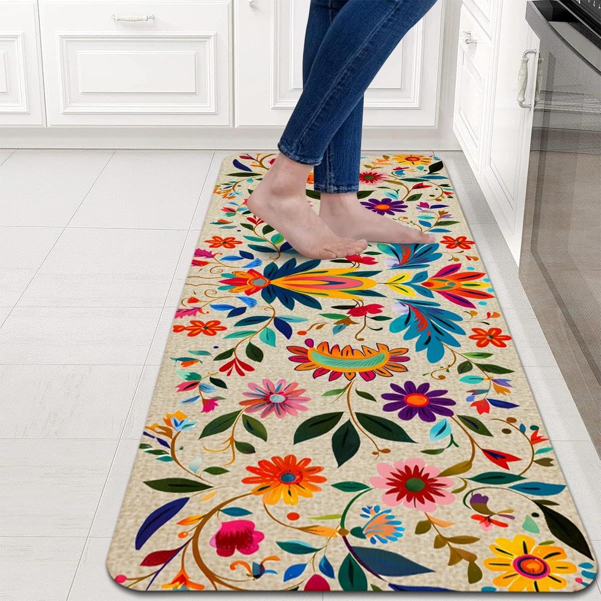 YWZDS Mexican Floral Kitchen Rugs Set of 2, Colorful Kitchen Mats with Rubber Backing Non Slip Washable, Cinco De Mayo Gift, 17" x 29 + 17" x 47" (White)