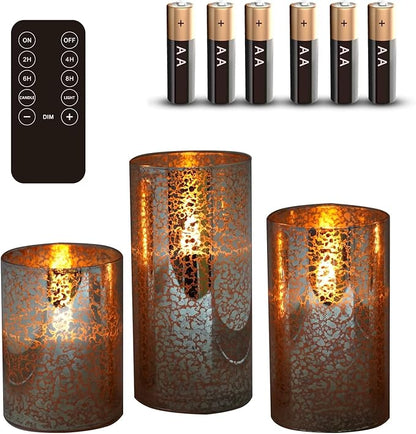 Flameless Silver Mercury Glass LED Pillar Candles with Remote and Timer, Batteries Included, Flickering Warm White Light, Set of 3 for Home Décor, Weddings, Parties, and Romantic Ambiance, Holiday