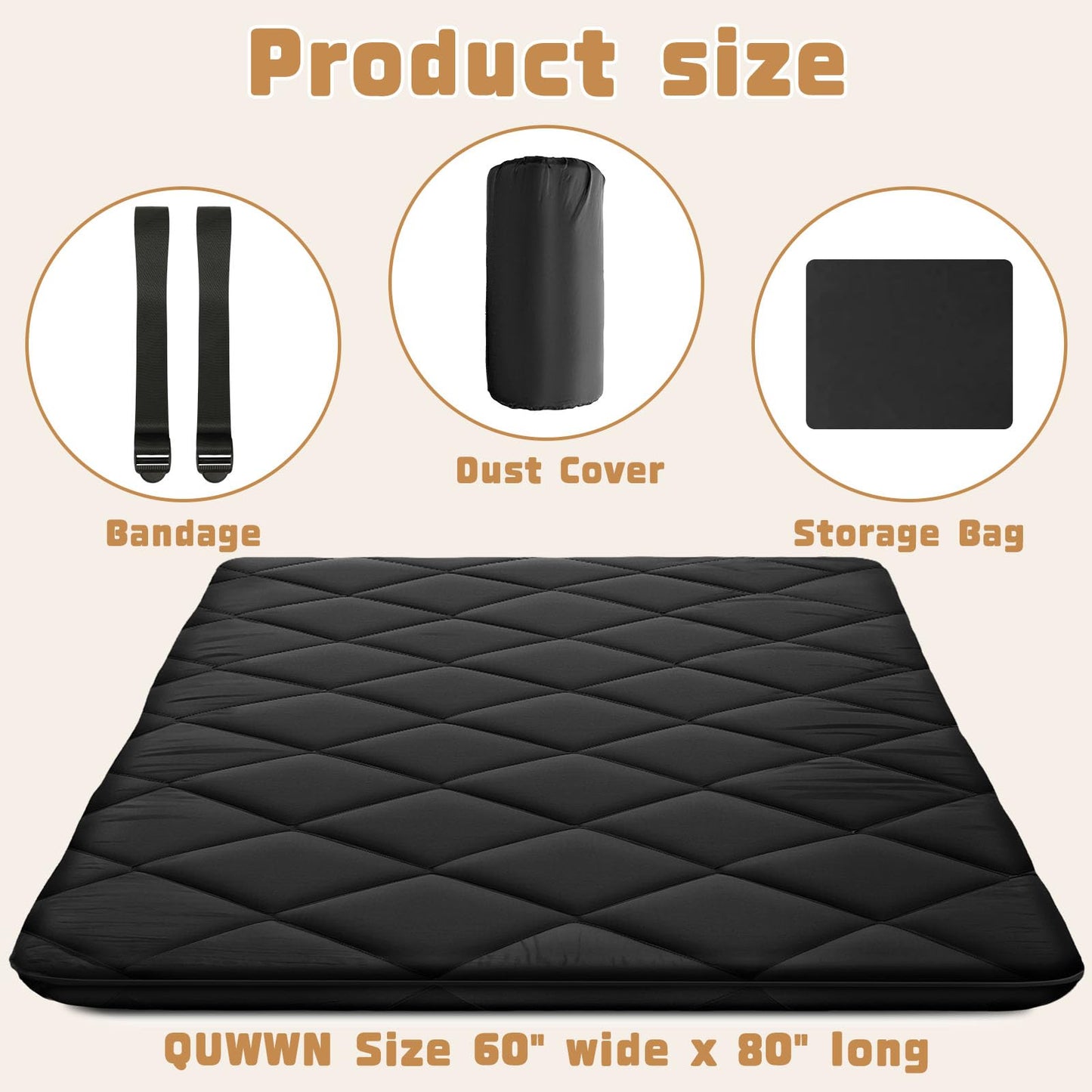 Japanese Futon Floor Mattress Queen Size 60"×80", 3.9" Thicken 5-Layer Japanese Tatami Mat Floor Bed Foldable Roll Up Sleeping Pad, Ideal for Comfort and Support, Kids Floor Lounger Pillow Bed Sofa