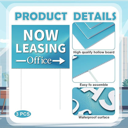 Ripeng 3 Pcs Leasing Double Sided Yard Signs with Arrow 16 x 12 Inch Yard Signs with Stakes for Outdoor Office Retail Store Restaurant Bar Hotel(Now Leasing Office)