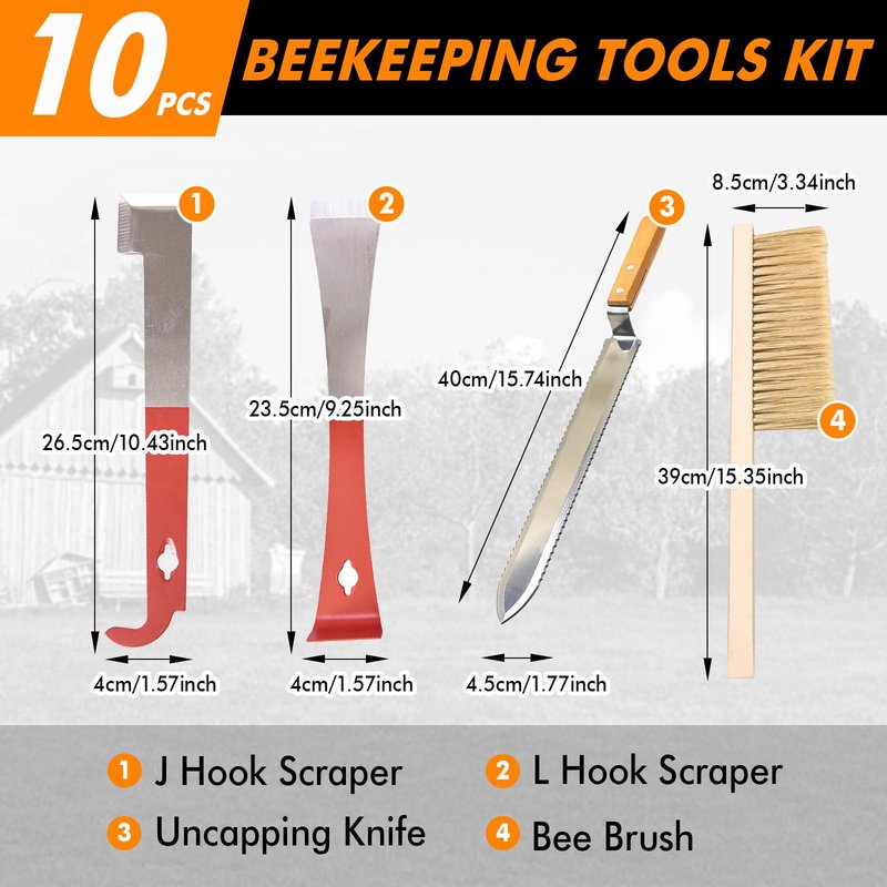 BeeCastle 9 Pcs Beekeeping Tools Kit with Organizer Tote for Beekeepers, Necessary Beekeeping Supplies Bee Keeping Starter Kit Includes Bee Smoker Kit and Beehive Tools