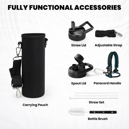 RAYMYLO Insulated Water Bottle 24oz, Triple Wall Vacuum Stainless Steel (Cold for 48 Hrs, Hot for 24Hrs), Leak Proof & Non-BPA, 24oz Hydro Water Flask with Paracord Handle & Straw Spout Lids
