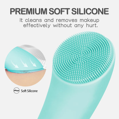 PRITECH Facial Cleansing Brush, Rechargeable Silicone Face Scrubber with Heat Massage End, Vibrating Exfoliator Scrubber for Deep Cleaning, Waterproof Face Brush for Women and Men (Pink)