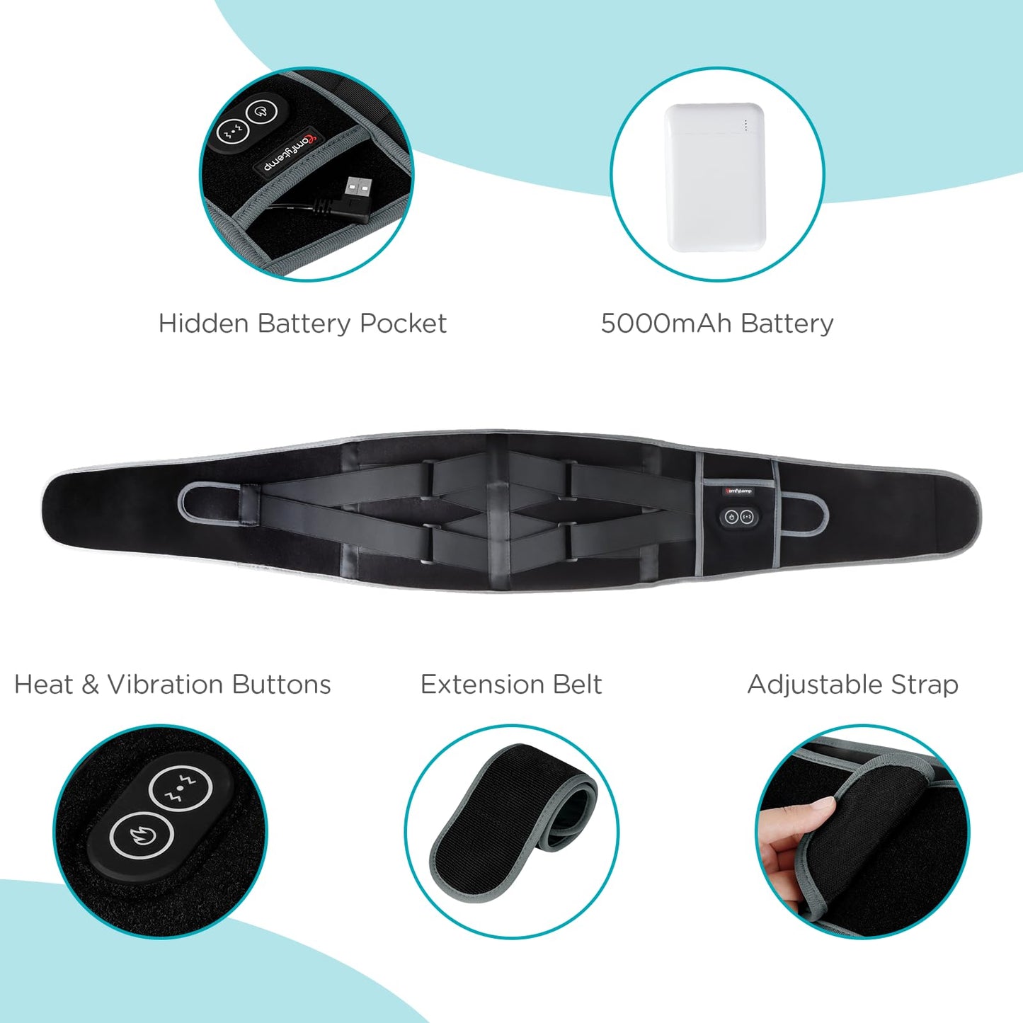 Comfytemp Cordless Heating Pad with Massager for Back Pain Relief, Portable Lower Back Massager Wearable, Birthday Gifts for Dad Mom Men Women Elderly, Rechargeable Period Cramps, 3 Heat Auto-Off, 58"