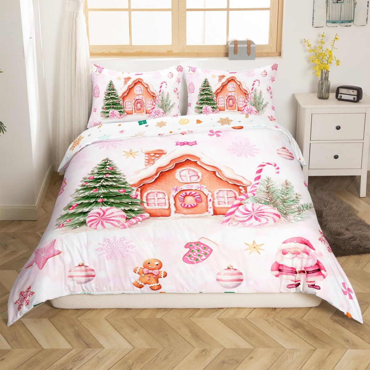 Pink Christmas Duvet Cover Set Queen,Cartoon Gingerbread House Comforter Cover 3pcs for Girls Teens,Santa Snowman Quilt Cover (NO Comforter),2 Pillowcases,Dreamy Pink Tie Dyed Bedding Quilt Cover