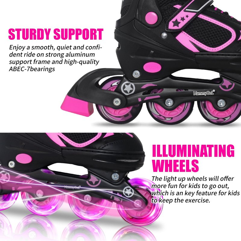 MammyGol Adjustable Inline Skates for Girls Kids Boys Youth with Light up Wheels, Rose Red Beginner Blades Roller Skates for Boys Size 1 2 3 4 Ages 4-12